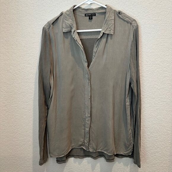 James Perse Grey Contrast Fabric Split Neck Button Front Blouse - Size L - EUC - Picture 1 of 7